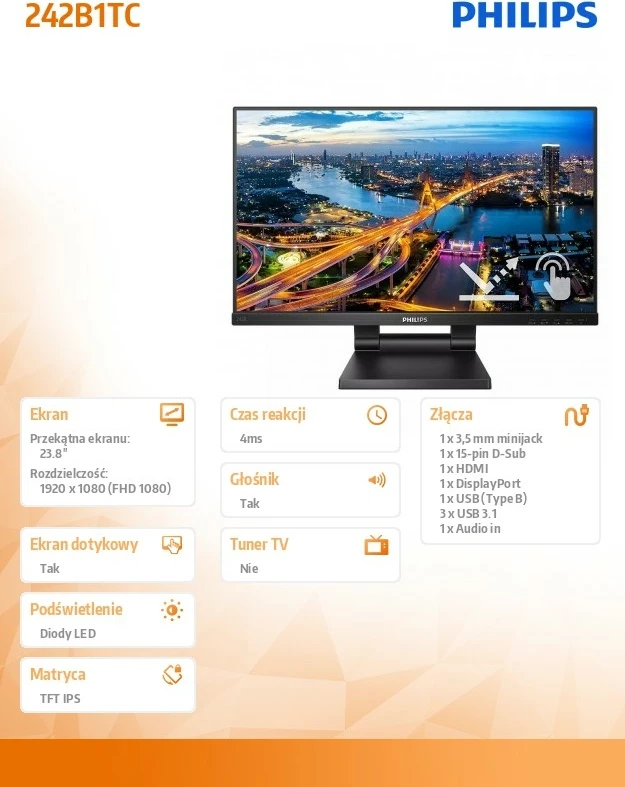 Monitor Philips 242B1TC, 23.8", IPS Touch, Full HD, i zi