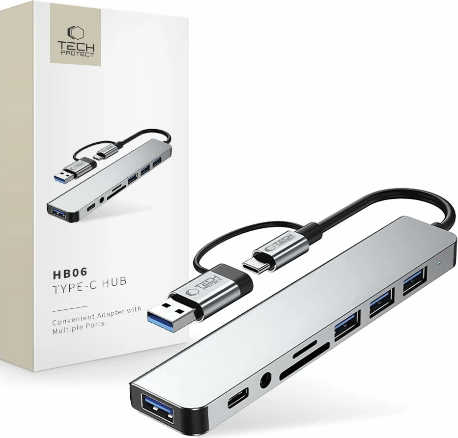 HUB adapter Tech-Protect HB06 8-në-1, Type-C + USB2.0 + USB3.0 + SD/TF + AV3.5, Gri