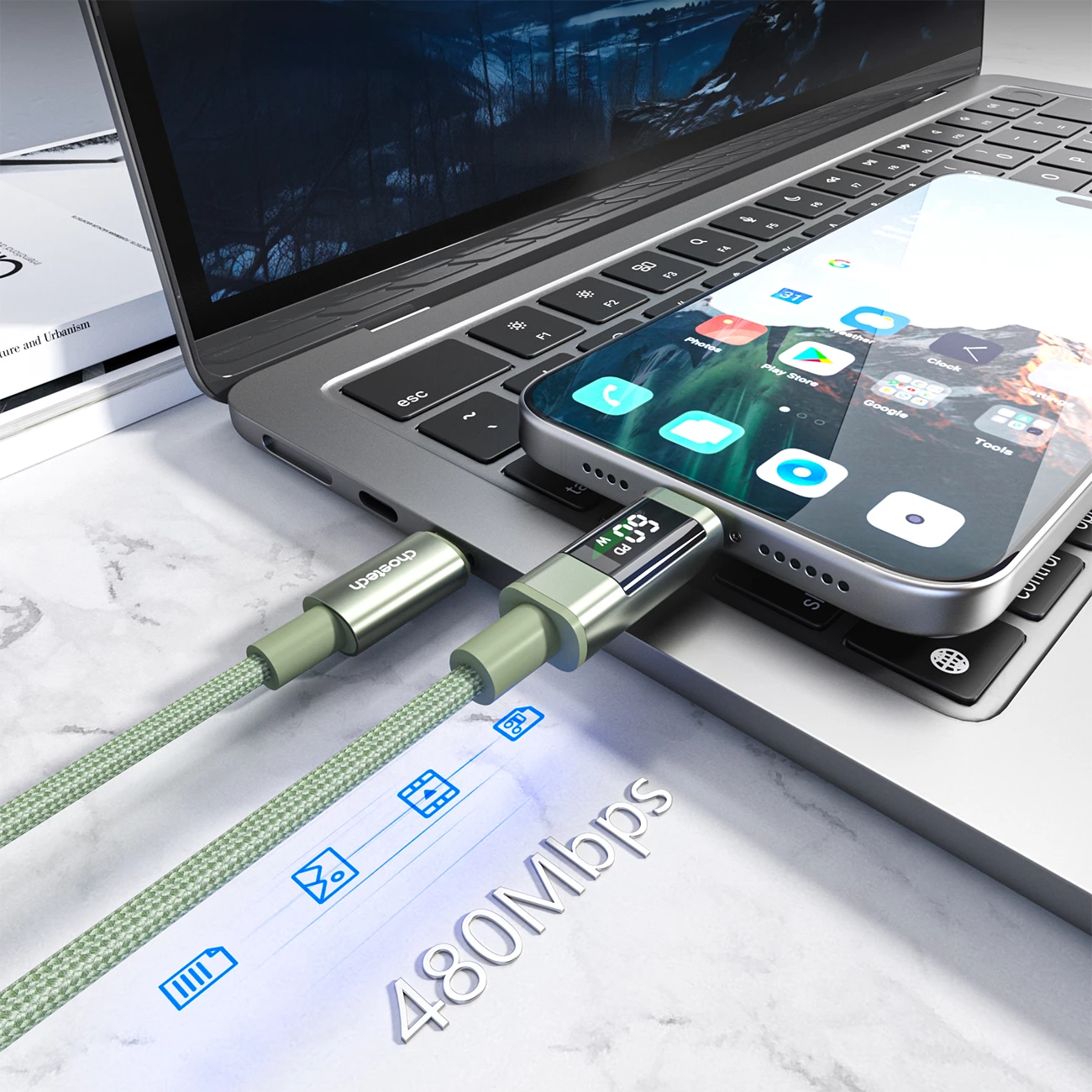 Kabllo USB-C në USB-C Choetech XCC-1068 PD 60W 1.2 m me ekran, e gjelbër, 1 copë
