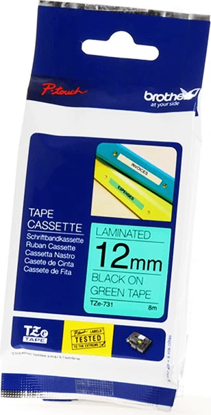 Kasetë etiketuese Brother TZE-731, 12 mm, 8 m, e laminuar, e zezë mbi të gjelbër
