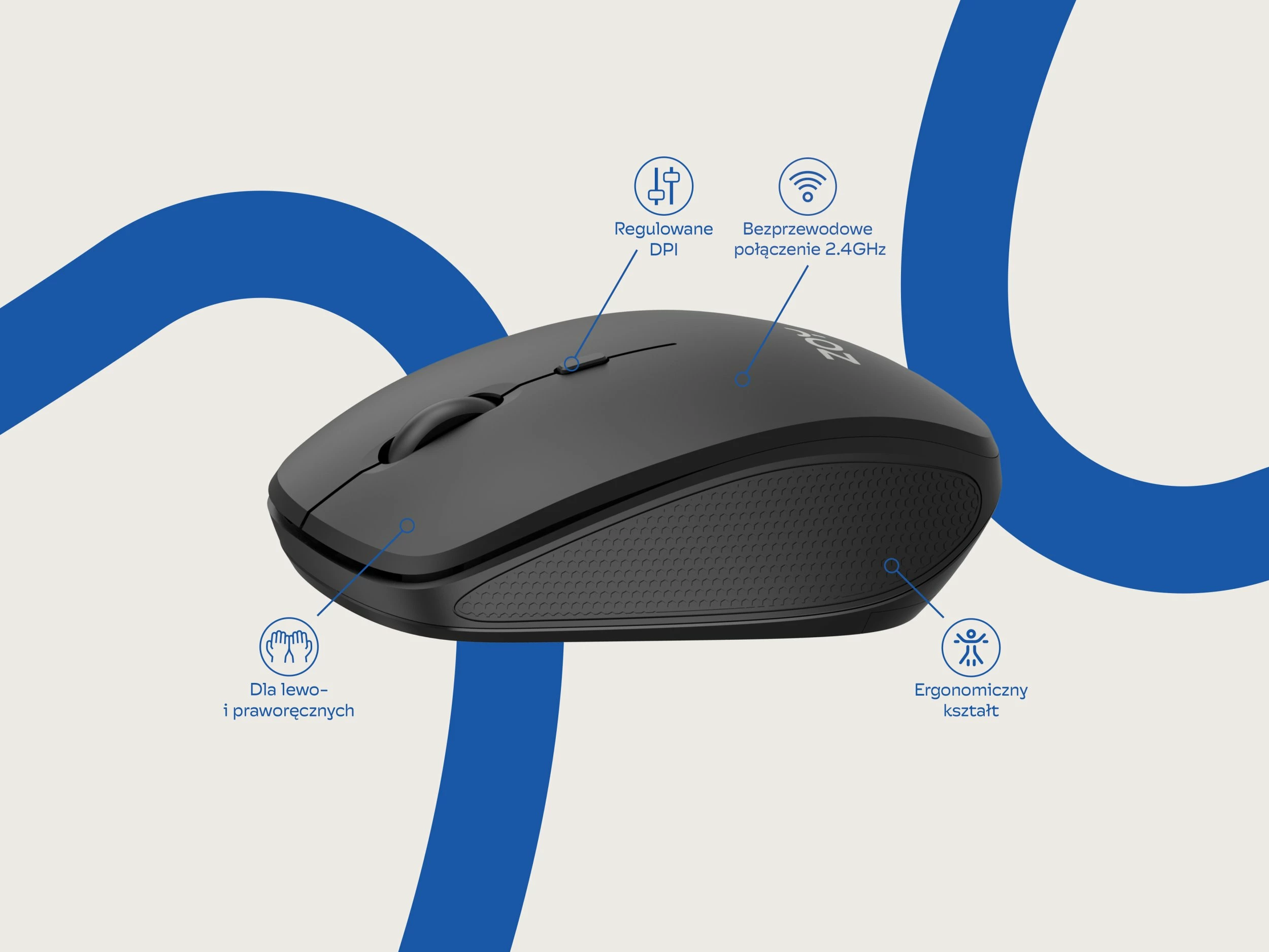 Maus wireless ZOY ZMS28 1600 DPI, 4 butona, receiver USB, i zi/grafit, set me bateri AA