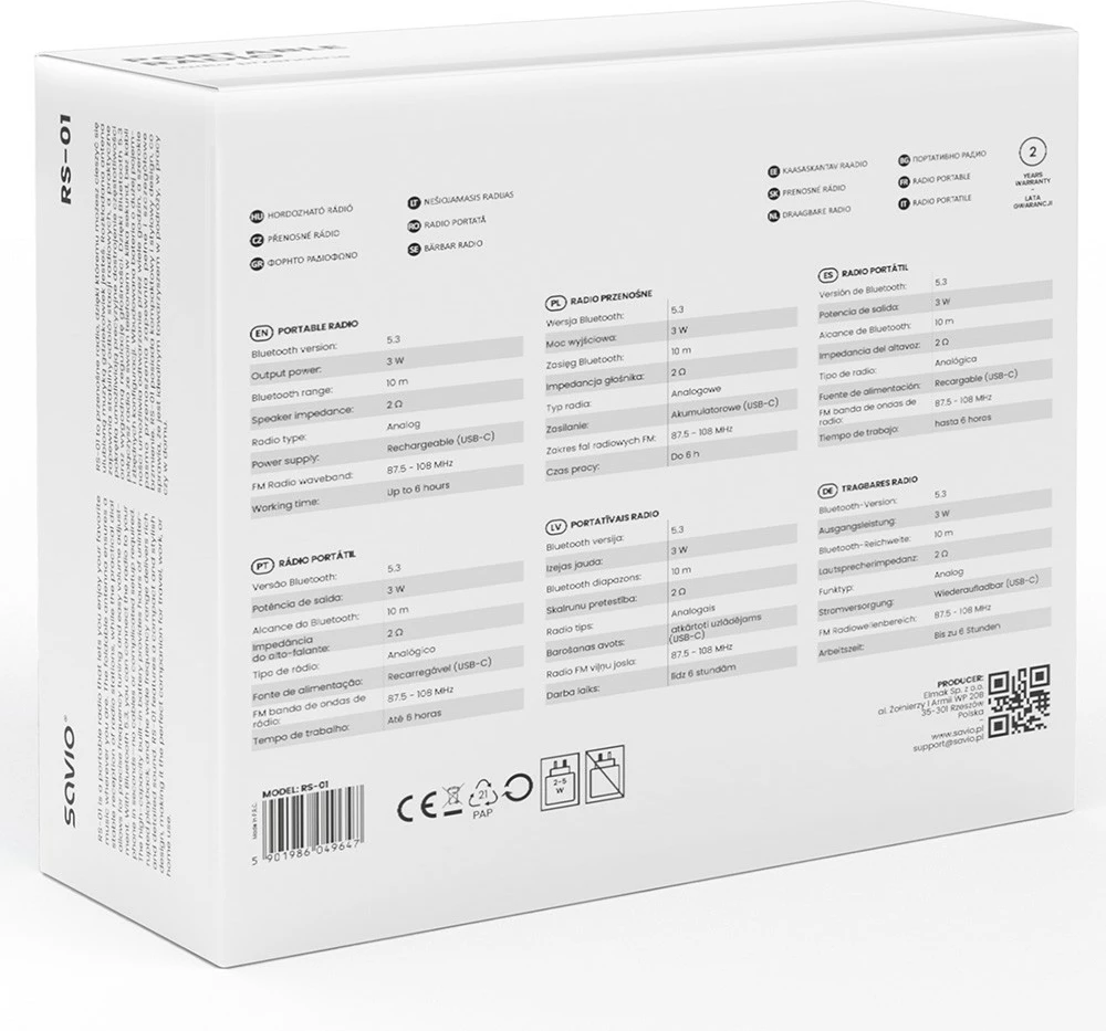 Radio portabile Savio RS-01, Bluetooth 5.3, USB-C, e zezë