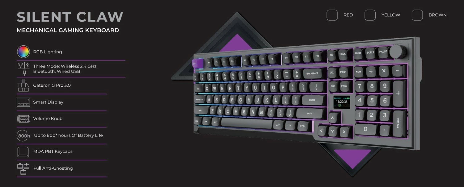 Tastierë mekanike gaming PREYON Silent Claw PSCB105B, Gateron Brown Pro, full-size 100%, RGB, tri-mode, US layout, e zezë