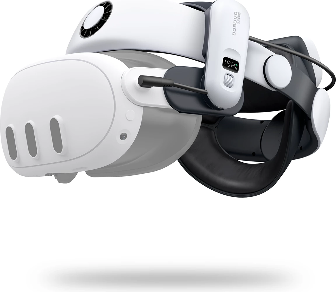 Rrip koke për VR, BoboVR S3 Pro, për Meta Quest 3, me ftohje me ventilator, bateri B100 10000 mAh, bardhë e zi