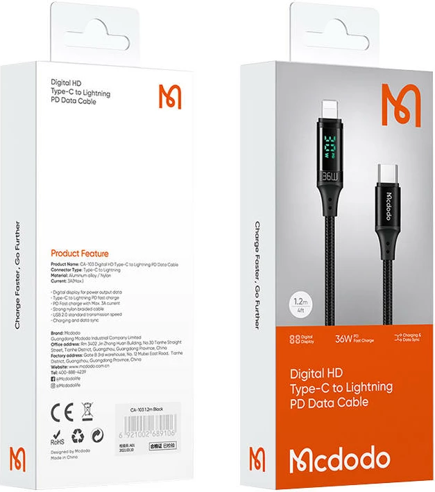 Kabllo Mcdodo CA-1030 USB-C në Lightning, 1.2m, 36W, e zezë