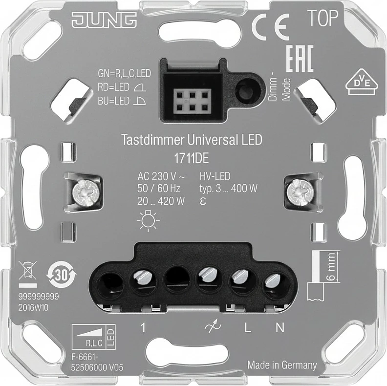 Dimmer me tast Jung 1711DE, universal për LED, 230V