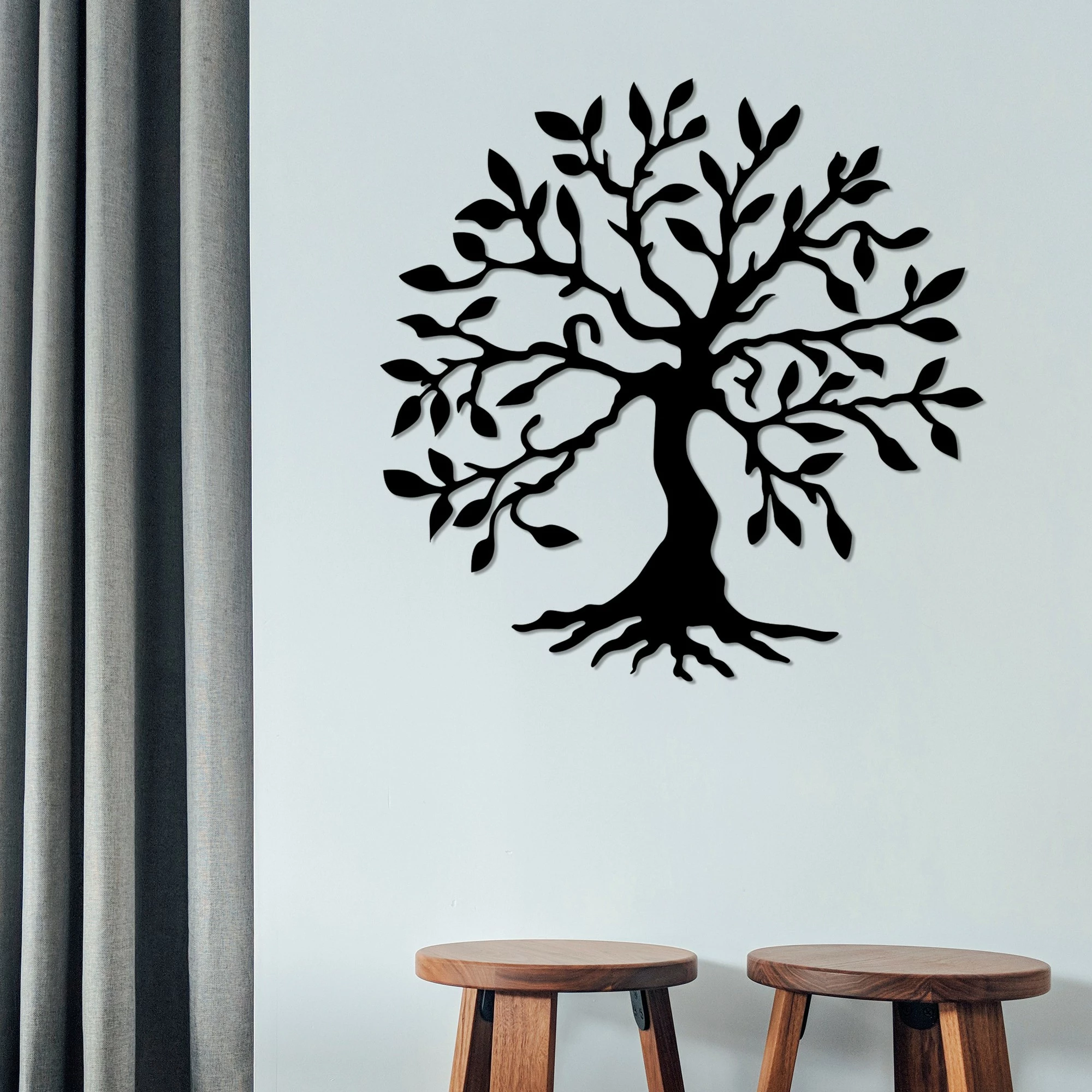 Aksesor dekorativ metalik për mur, Wallity, pemë 3, ngjyrë e zezë, 60x60cm
