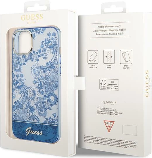 Mbështjellës Guess Porcelain Collection për iPhone 14 Plus 6.7", Kaltër