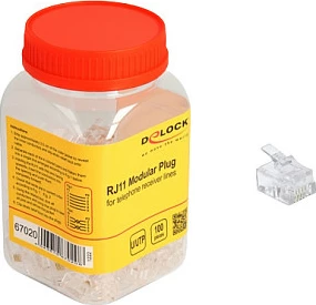 Konektor modular RJ11 DeLOCK 67020, set 100 copë, për kabllo 28-24 AWG, transparent