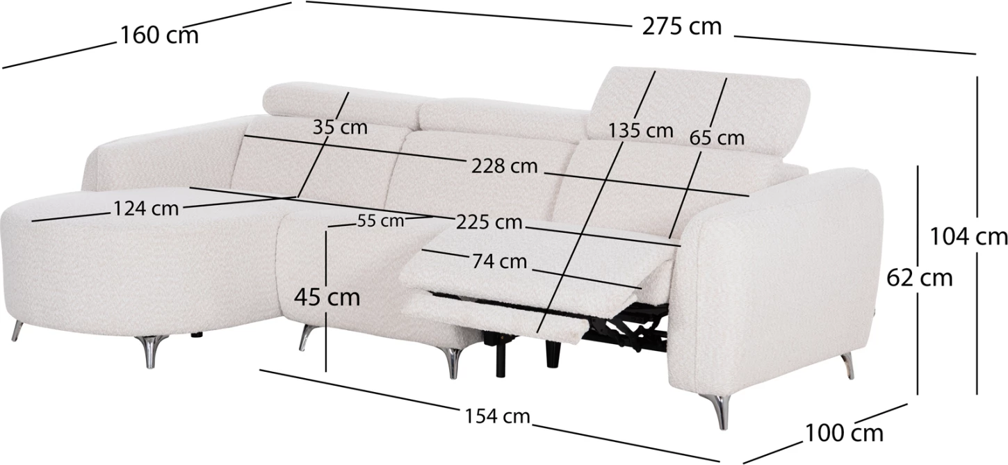Këndore e majtë treshe me recline Valente, material teddy bezhë, CD3317.02L, 275x160x104cm