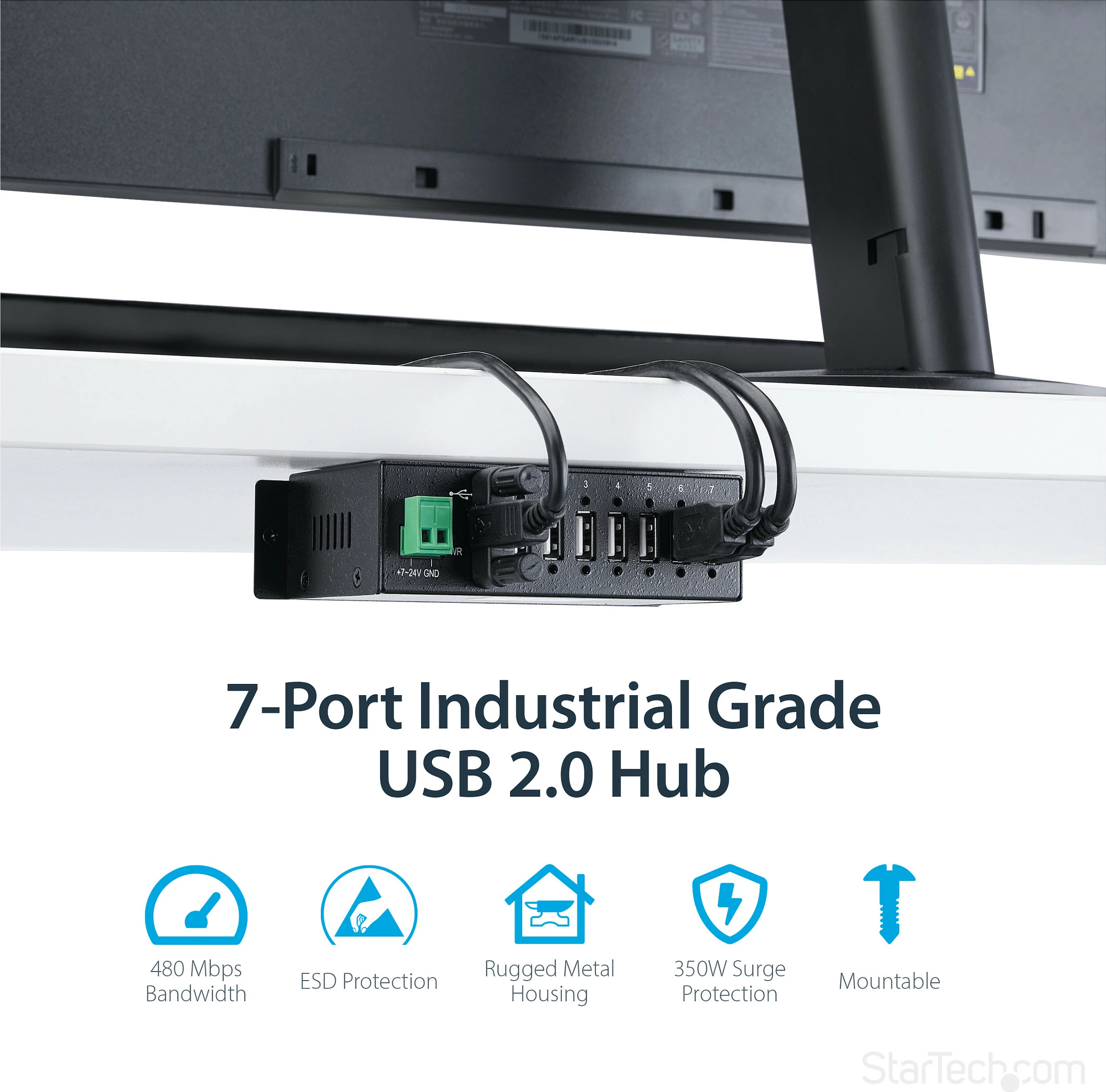 Hub USB StarTech ST7200USBM, 7-Port USB 2.0, metal, DIN rail, mbrojtje ESD/Surge, i zi