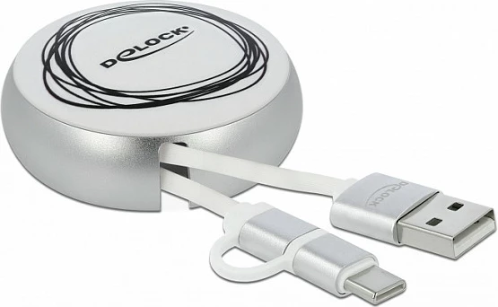 Kabllo USB DeLOCK retractable 2n1, USB-A në USB-C/Micro-USB, 0.92 m, USB 2.0, 2.1A, argjend/bardhë