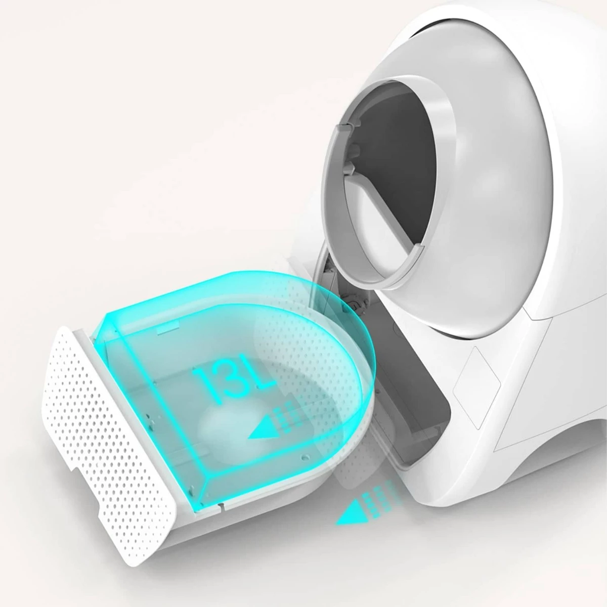 Kuti inteligjente vetëpastruese për rërë maceje Catlink Luxury Pro-X 57 L, 13 L depo mbetjesh, e bardhë, set me 3 qese + 2 filtra