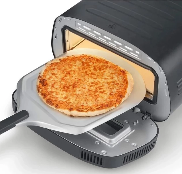 Furrë elektrike për pica CASO PizzaChef 430° 2200W, max 430°C, me gur pice 32×32 cm, me lopatë alumini, zi/argjend