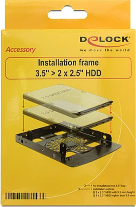 Kornizë montimi DeLOCK 18198 për 2x 2.5" HDD/SSD në vend 3.5", e zezë