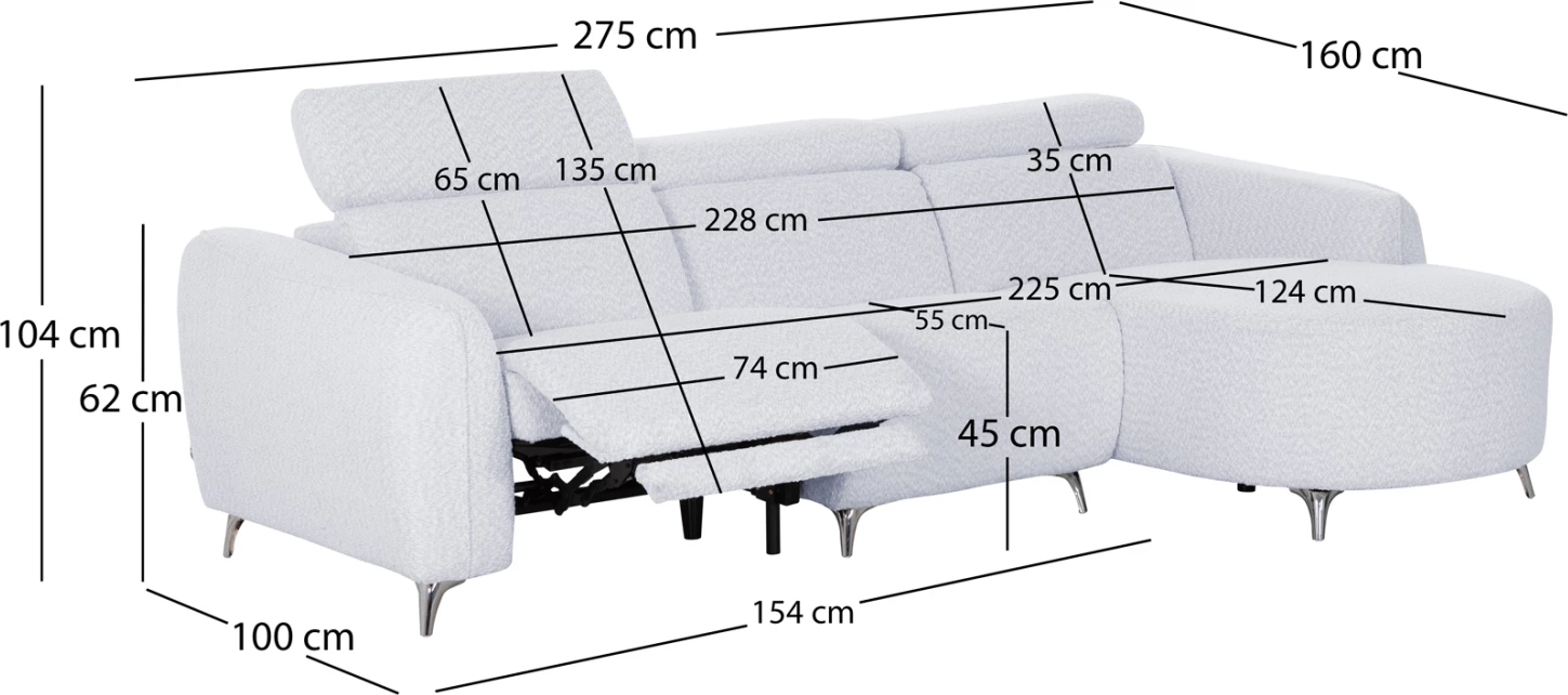 Këndore e djathtë, divan treshe me recline Valente CD3317.01R, stof gri e çelët, 275x160x104H