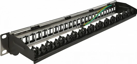 Patch panel DeLOCK 19" Keystone 24-Port, 1U, me menaxhim kabllove, e zezë