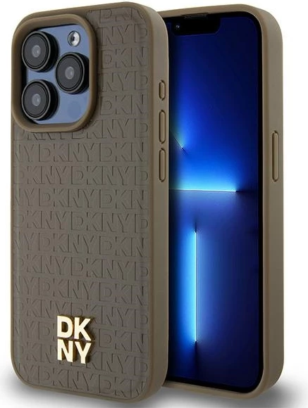 Mbështjellës DKNY Leather Pattern Metal Logo MagSafe për iPhone 14 Pro Max, kafe