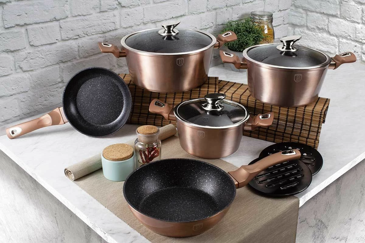 Set tenxheresh dhe tiganësh Berlinger Haus BH-6161, veshje graniti, për induksion, 17 copë, rose gold
