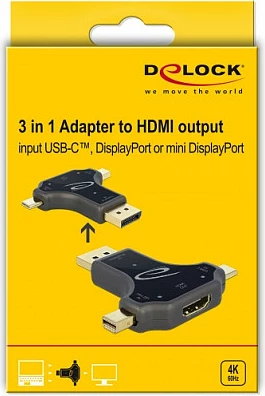 Adapter DeLOCK 64060, USB-C/DisplayPort/mini DisplayPort në HDMI, 4K 60Hz, i zi