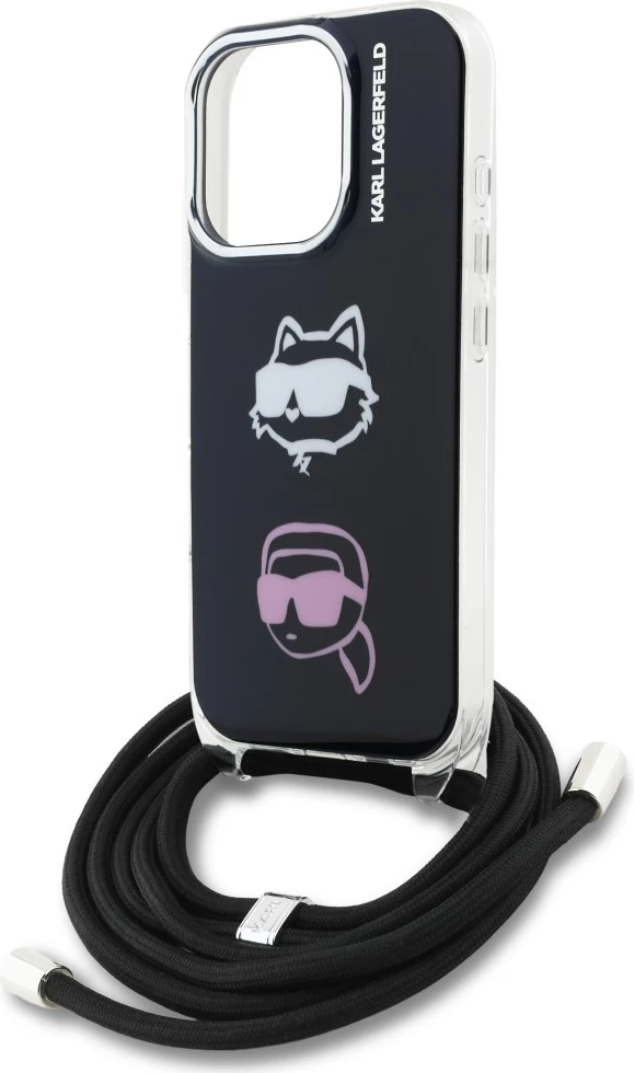 Mbështjellës crossbody Karl Lagerfeld IML Karl&Choupette Head për iPhone 16 Pro Max, i zi