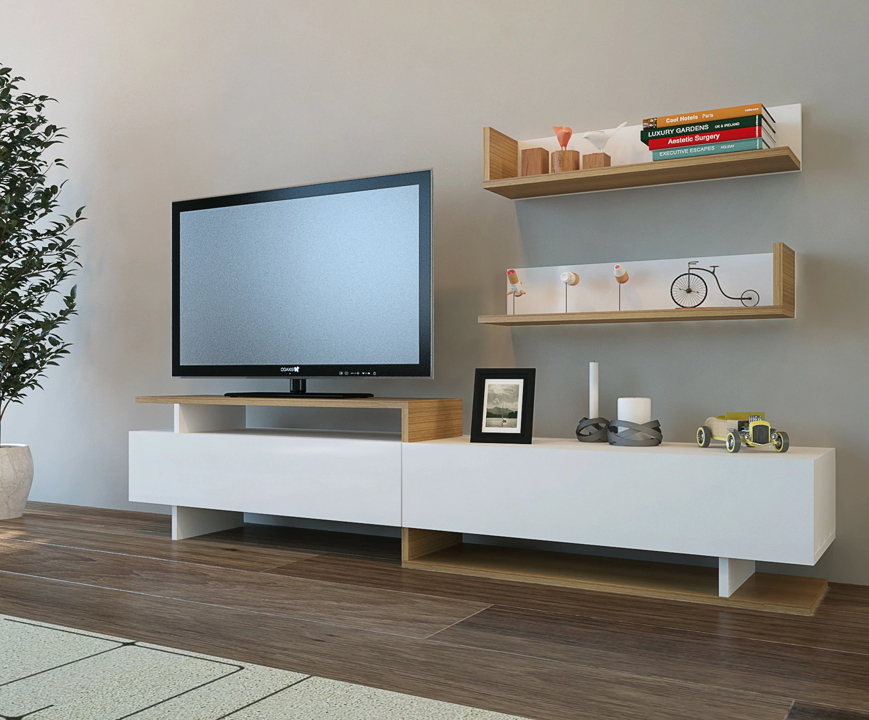 Komodë TV Hanah Home, Ayaz, e bardhë dhe teak