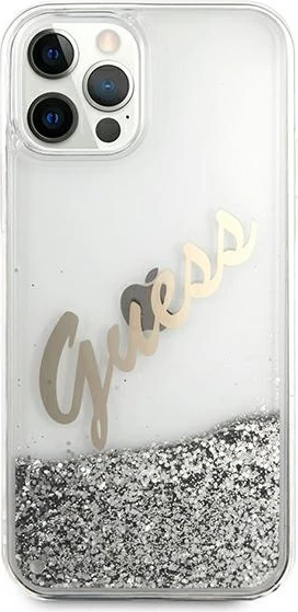 Mbështjellës Guess GUHCP12LGLVSSI për iPhone 12 Pro Max 6.7", Glitter Liquid Vintage, argjendtë