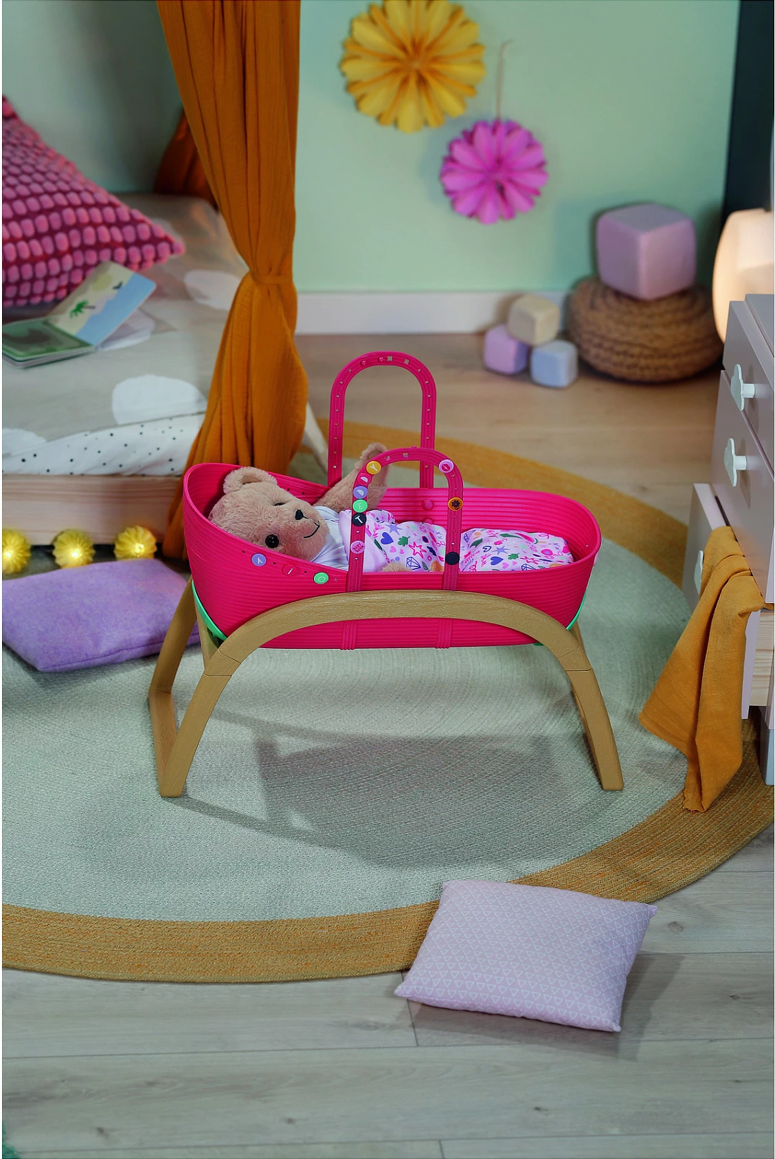Krevat për kukulla Zapf Creation BABY born Pinplay Bassinet 3 në 1, me lëkundje, shumëngjyrësh