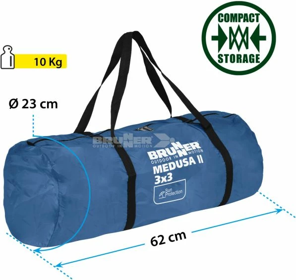 Paviljon kampingu BRUNNER Medusa II 0102034N.C30 300x300 cm, 2 mure anësore + çantë ruajtjeje, jeshile