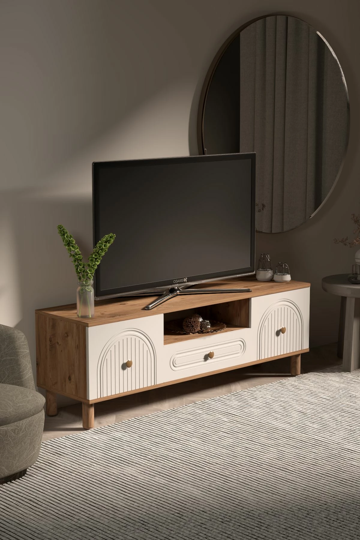 Komodë TV Skye Decor, Bellora 180, ngjyrë Atlantic Pine dhe e bardhë