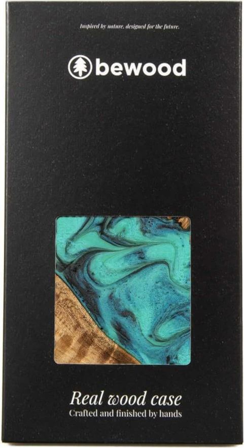 Mbështjellës Bewood Unique Turquoise për iPhone 15 Plus, dru dhe resinë, gjelbër, e zezë, turquoise