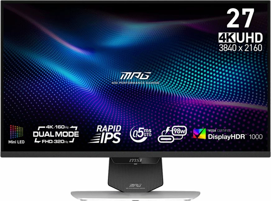 Monitor gaming MSI MPG 274URDFW E16M 27\" Mini-LED 4K UHD 160Hz / FHD 320Hz HDR1000 USB-C 98W, zi/bardhë