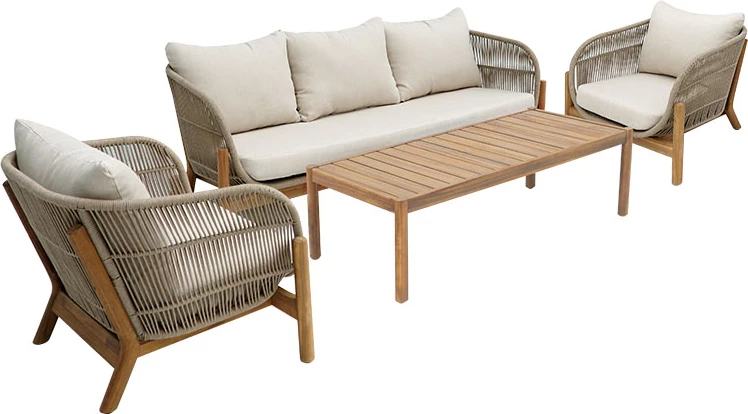 Set lounge për jashtë Verilan, dru akacie, litar dhe jastëkë bezhë