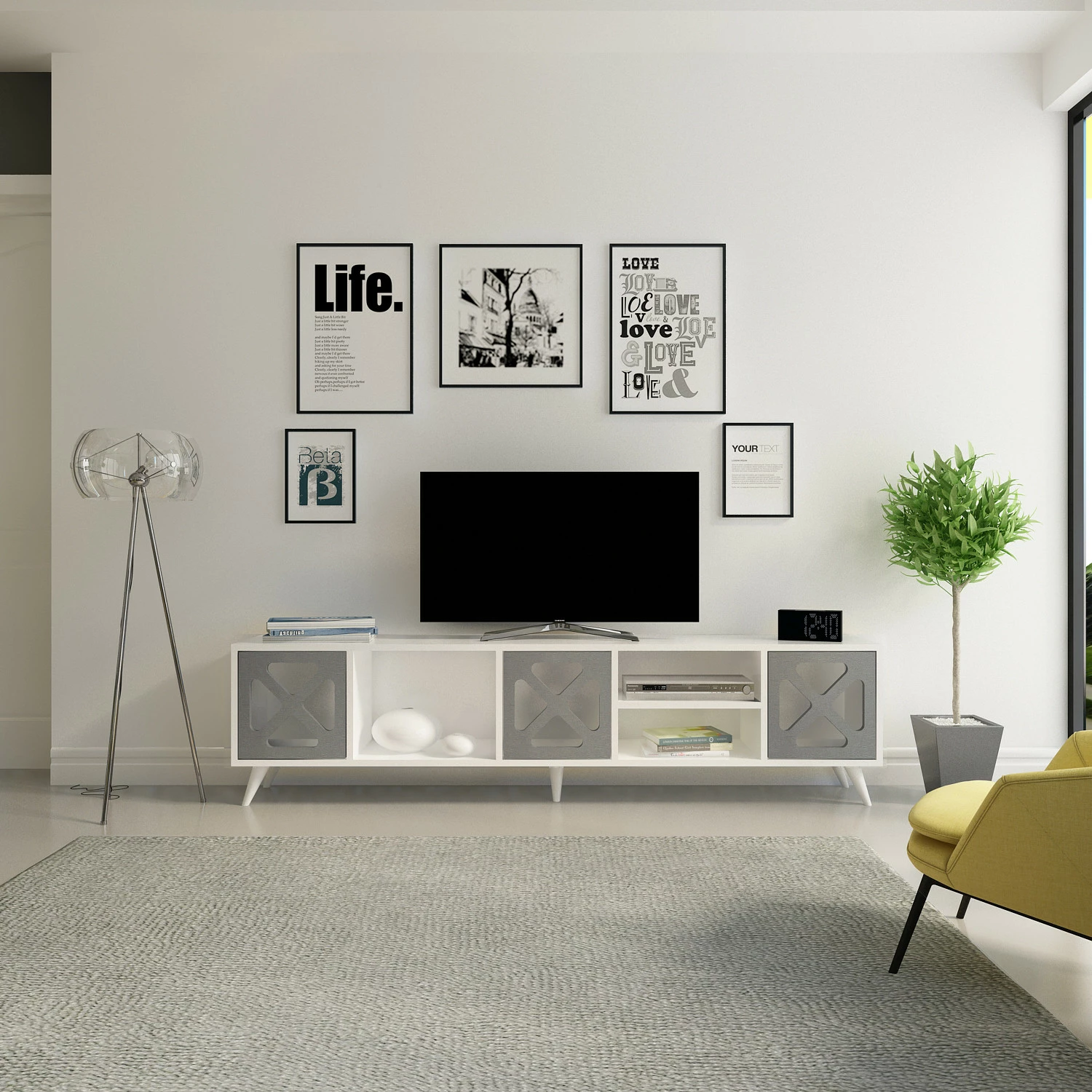 Komodë TV Hanah Home, Sinef, e bardhë dhe antracit