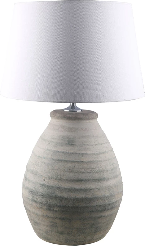 Llambë tavoline Dilos, qeramikë e bardhë-gri, abazhur lino i bardhë, 35x35x80cm