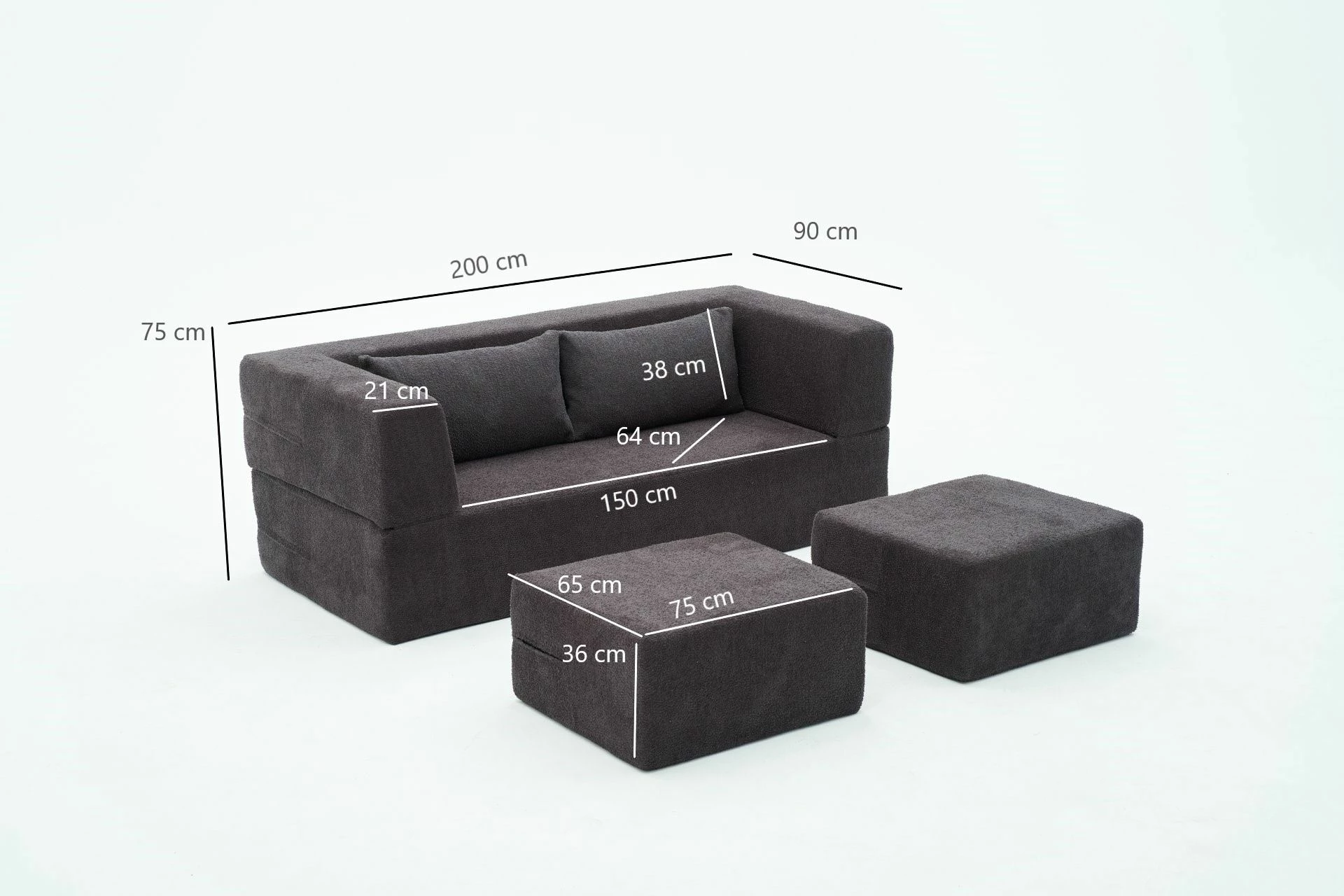 Divan-krevat dy ulëshe, ngjyrë antracit, Atelier del Sofa, me 2 pouffe