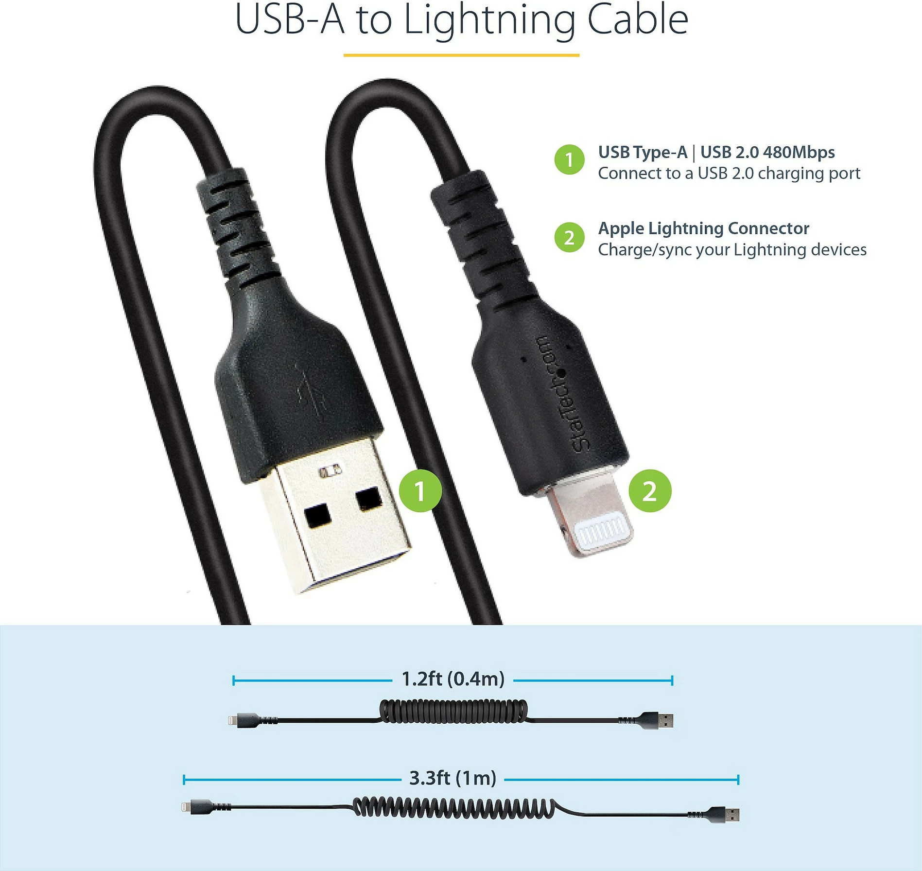 Kabllo StarTech RUSB2ALT1MBC USB-A në Lightning, 1 m, spirale, MFi, e zezë