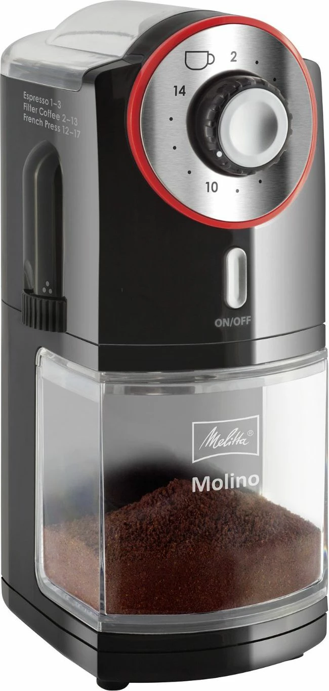Mulli elektrik kafeje Melitta Molino 1019-01, 200 g, 17 nivele bluarjeje, 100 W, e zezë me detaje të kuqe