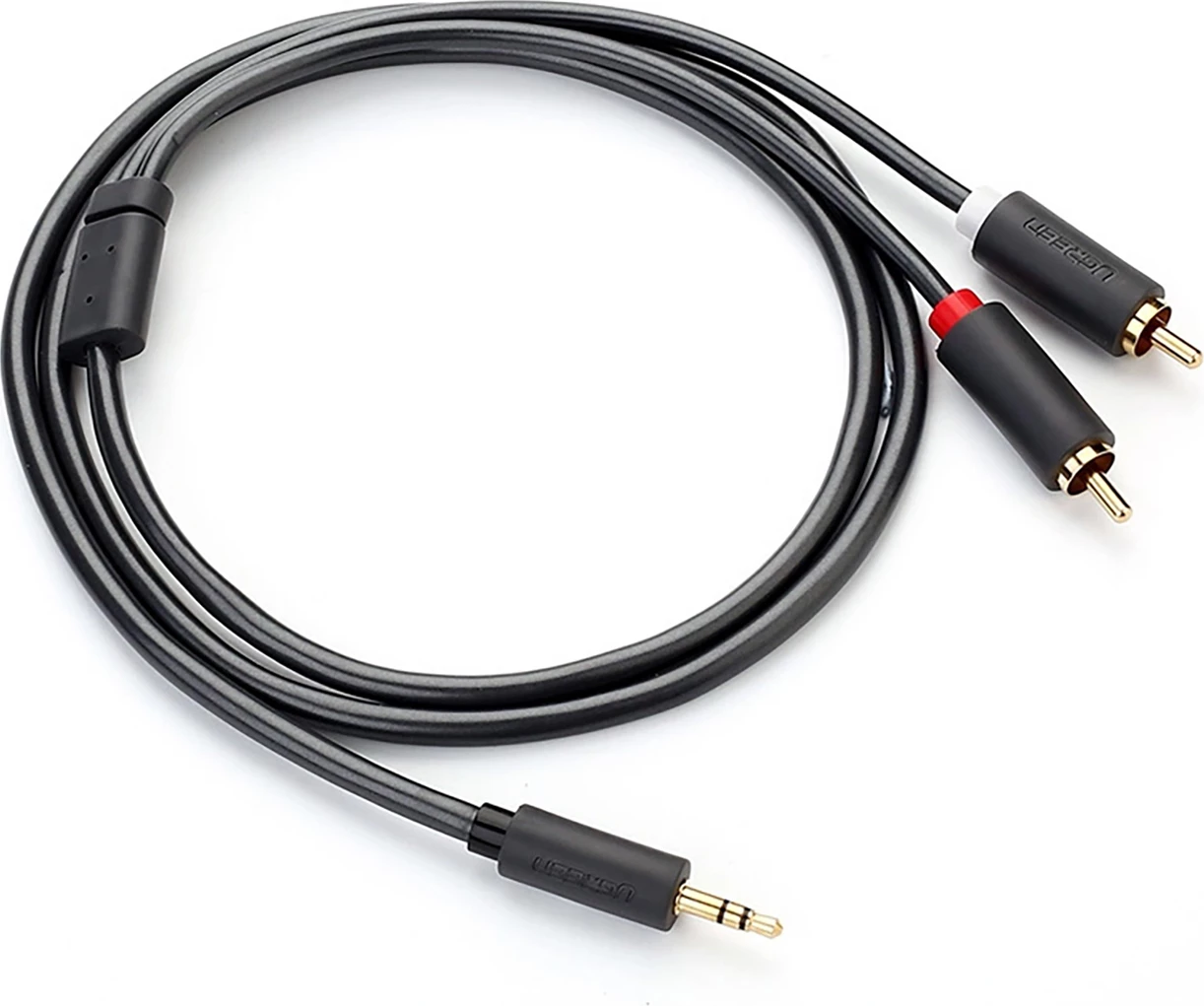 Kabllo audio Ugreen AV102 10510, 2m, mini jack 3.5mm në 2RCA, Gri