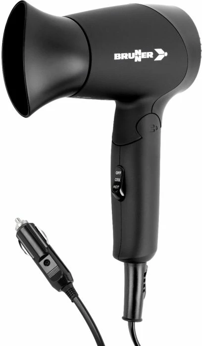 Tharëse flokësh udhëtimi BRUNNER Monsun 7202818N, 12V 120W, e palosshme, me prizë çakmaku, e zezë, me çantë