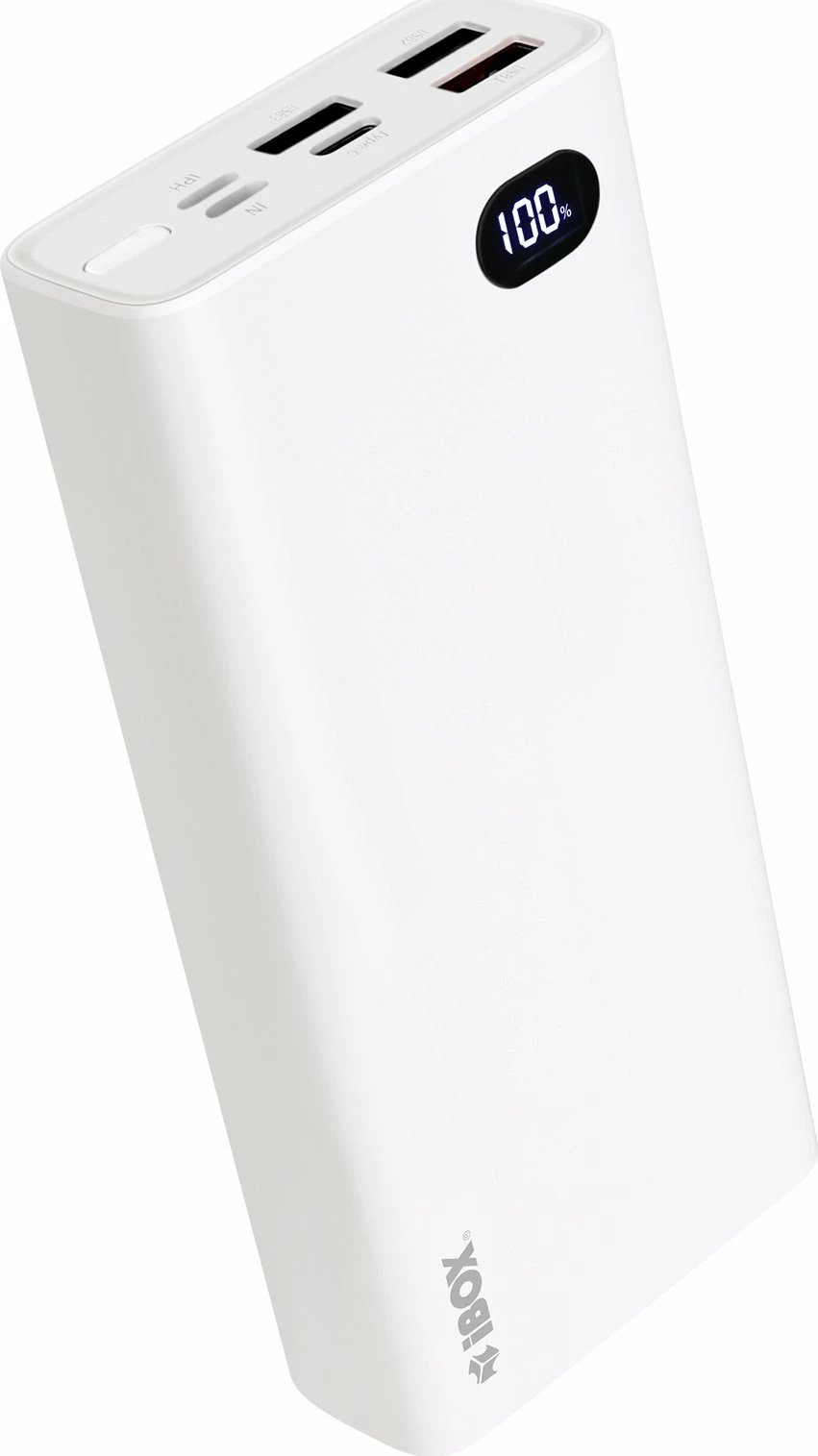 Powerbank iBOX PB20 20000mAh, 22.5W, QC 3.0/PD, me display, 2x USB-A + 1x USB-C, i bardhë, me kabllo USB-C