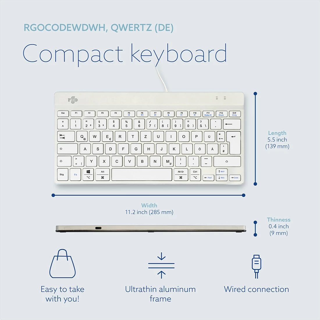 Tastierë ergonomike R-Go Compact Break, USB me kabllo, mini QWERTZ (DE), e bardhë