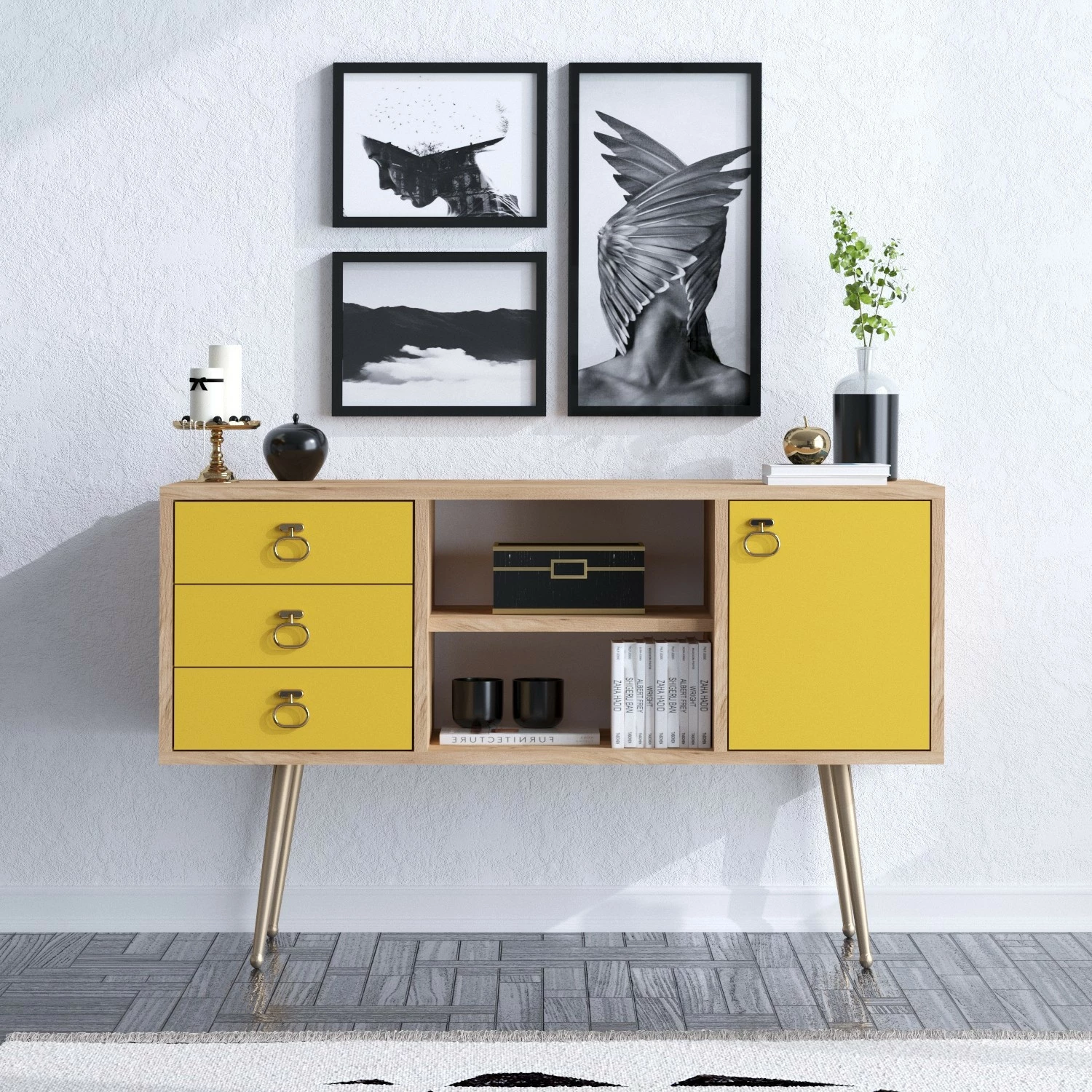 Komodë moderne Skye Decor, ngjyrë lis dhe e verdhë, KLEA