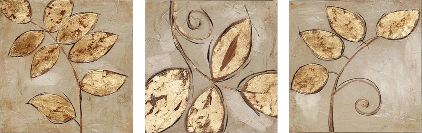 Pikturë triptik në kanavacë, gjethe të arta, FH7327, 90x3x30 cm