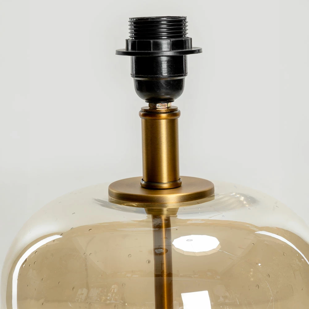 Llambë tavoline Bexley, xham, ngjyrë mjaltë-ari, abazhur lino bezhë, 43x43x79cm