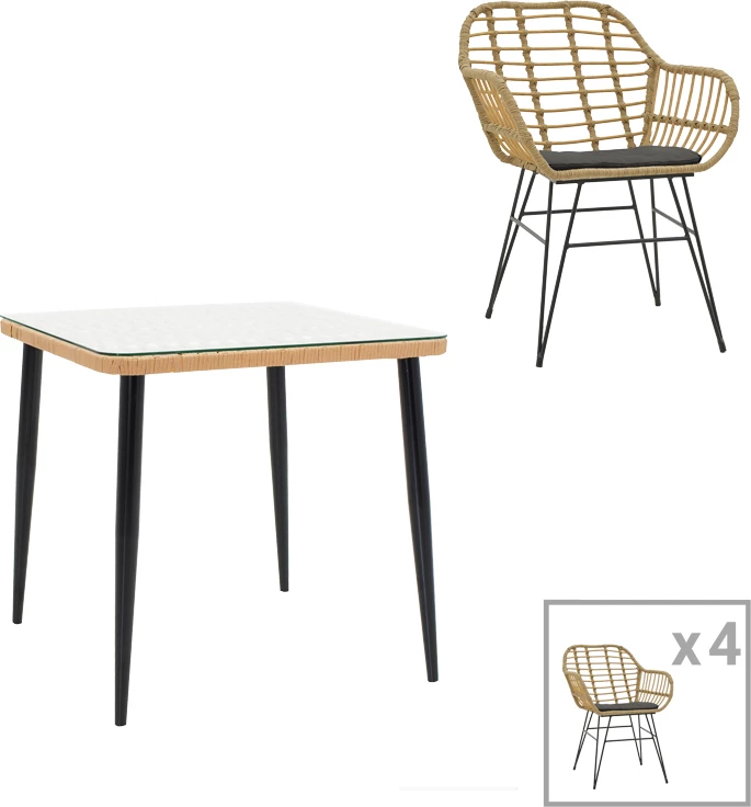 Tavolinë me karrige Naoki V set prej 5 copash rattan pe ngjyrë natyrale dhe metal i zi 80x80x78cm