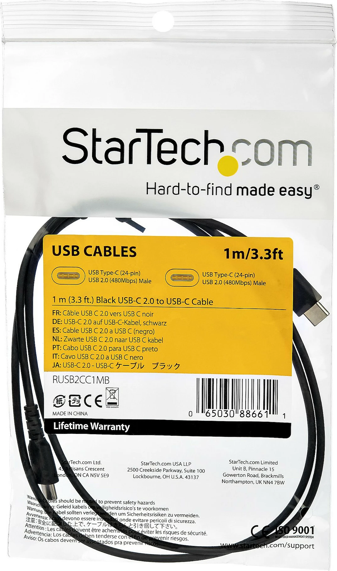 Kabllo StarTech USB-A në USB-C, USB 2.0, 1m, 60W PD, e zezë