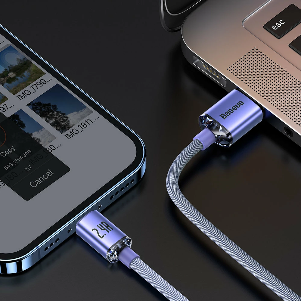 Kabllo karikimi dhe të dhënash Baseus Crystal Shine Series, USB-A në Lightning, 1.2m, 2.4A, vjollcë