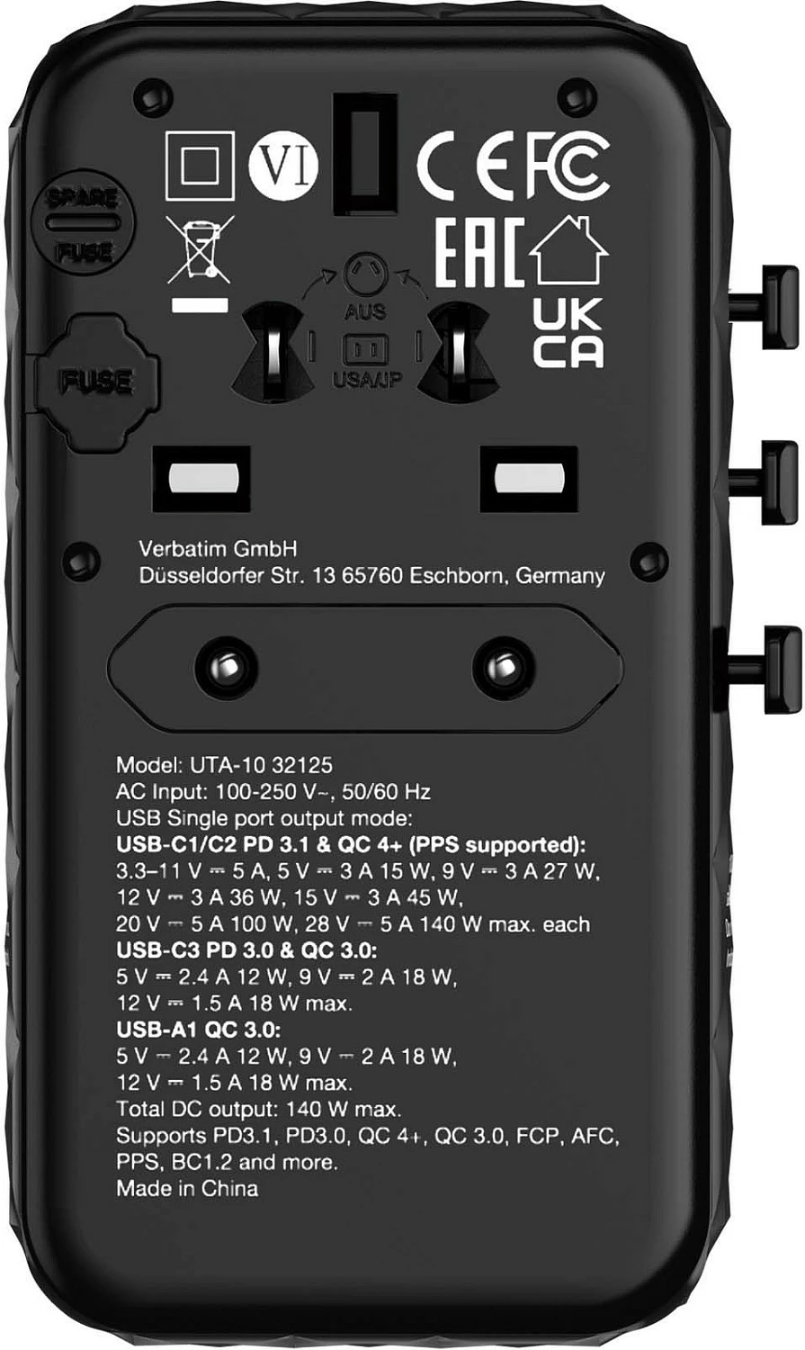 Adapter udhëtimi universal Verbatim UTA-10 GaN III, 140W, 3x USB-C PD, 1x USB-A, i zi