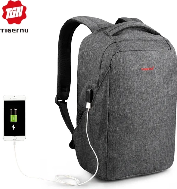 Çantë shpine për laptop Tigernu Crater 16\", 16L, me USB, najlon rezistent ndaj ujit, gri